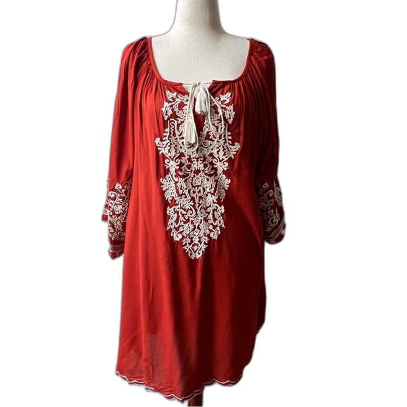 Chic Connection Women's 3X Sienna Embroidered Keyhole Tie Neck Tunic Mini Dress - Picture 1 of 6
